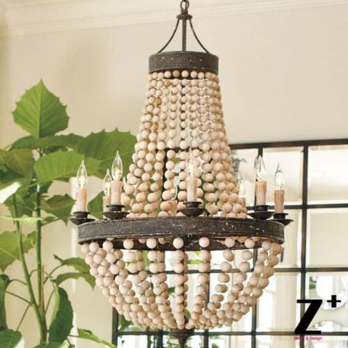 America style vintage country Wood Bead made work chandelier lamp woodern E14 X 8 LIGHTs led free shipping