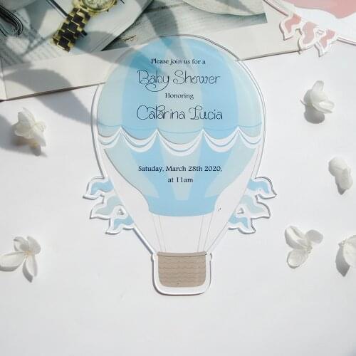 Free ship hot air balloon light blue acrylic personalize printing clear acrylic wedding invitation card