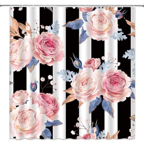Flower Shower Curtain Black and White Geometry Stripes Floral Plant Bathroom Decor Polyester Home Bath Cloth Hanging Curtain Set