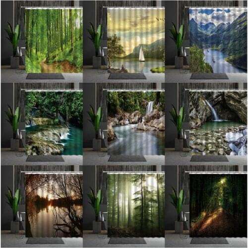 Shower Curtains Asia Natural Scenery Spring Valley Forest Rivers 3D Printed Bathtub Decoration Hanging Curtain Polyester Fabric