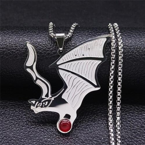 2021 Gothic Bat Red Glass Stainless Steel Chain Necklaces Women/Men Silver Color Big Necklaces Jewelry collier homme NZ2256S02