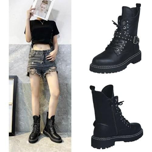Plus Size Leather Womens Platfom Ankle Boots New Fashion Lace-Up Women Chunky Shoes Buckle Strap Lady Casual Rivet Boots Women