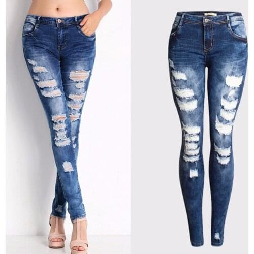 Women High Waist Summer Pencil Skinny Jeans Female Ripped Hole Sexy Hot Cowboy Denim Pants Laies Blue Fashion Jean Trousers