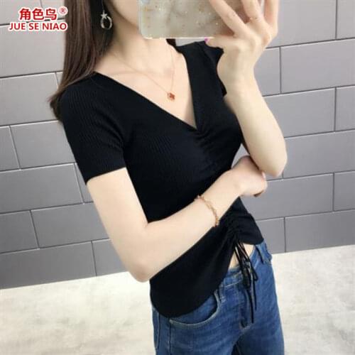 Woman Sweaters Summer V-neck Short Sleeve Ice Silk T-shirt Womens Lace-up Drawstring Slim Fit Midriff-Baring Sexy Knitted Top