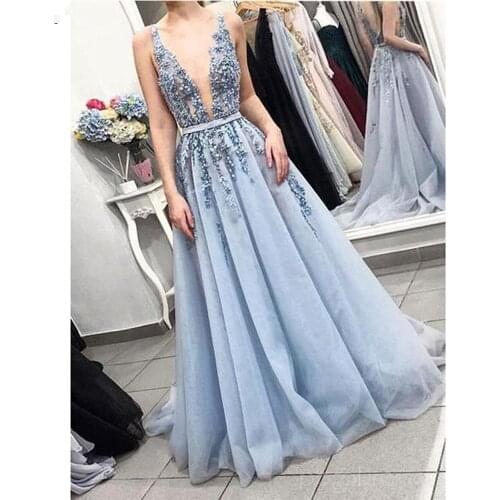 2021 Deep V Neck Luxury Blue Long Evening Dress With Belt Vestido De Festa Backless Prom Party Gown For Women robe de soirée de