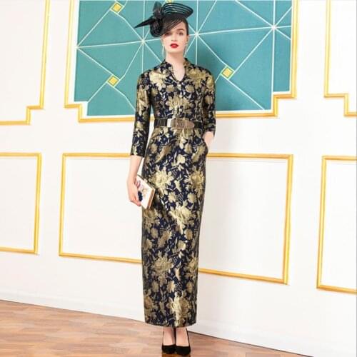 French palace high waist was thin retro Jacquard dress female lace embroidery split design long temperament dress F1673