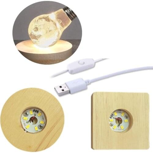 2 Pcs Wood LED Light 3D Crystals Glass Resin Art Dispaly Base Ornaments Night Lamp Base Stand