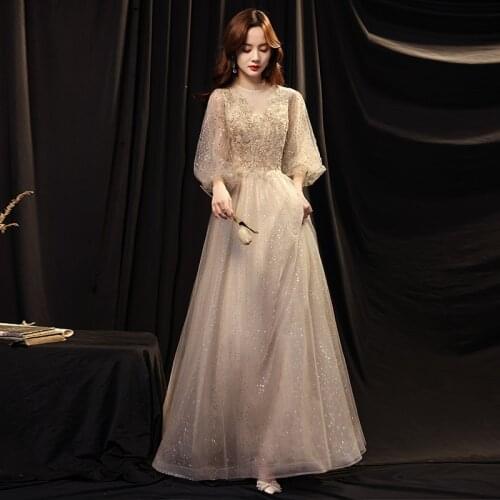 2021 Champagne Color Ladies Super Fairy Texture Student Princess Birthday Party Prom Dress Female Banquet Evening Dress A098