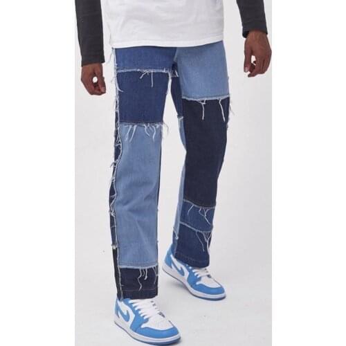 Men Wash Splice Casual Straight Tassel Patchwork Jeans Trousers Male Fashion Streetwear Loose Hip Hop Denim Full Length Pants