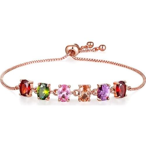 Eif Dock Rose Gold Color Colorful Luxury Zirconia Bracelet Rainbow Statement Copper Charm Bangle for Women Party Jewelry