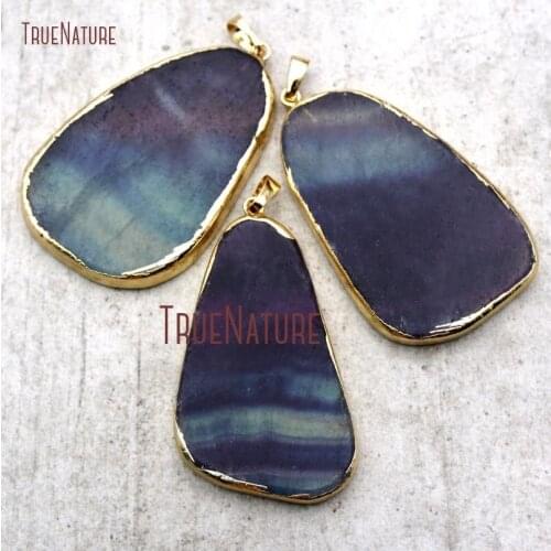 Gold Plating Free Form Pendant Rainbow Fluorite Pendant 55x36mm PM12389
