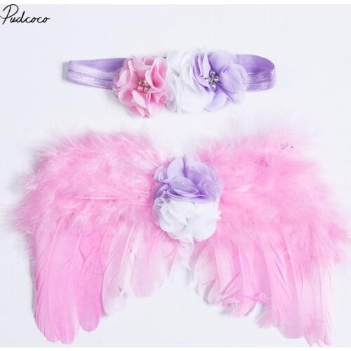 Newborn Baby Girl Headwear Feather Angel Wing +rhinestone Flowers Headband Photography Prop Outfit 0-3m