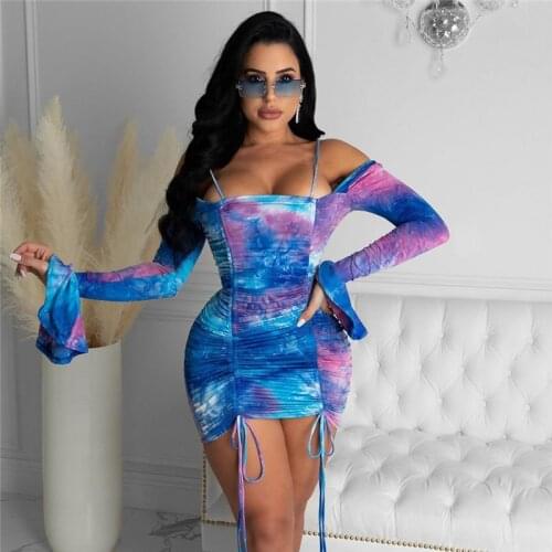 Imcute Tie Dyeing Print Sexy Skinny Women Dress Party Off Shoulder Flare Sleeve High Waist Ruched Drawstring Dress Vestidos 2021