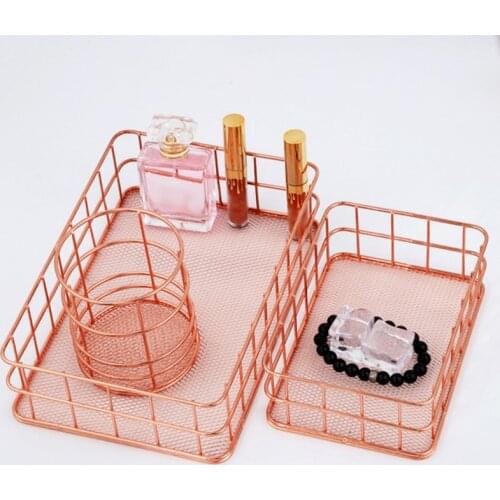 Wrought Iron Storage Basket Rose Gold Storage Box High Quality Desktop Debris Basket Modern Home Storage Racks Office Accessory