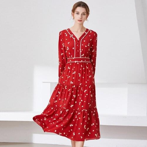 Red Print White Polka Dot Floral Silk Crepe Dresses Women Fashion 2021 Summer Long Casual Sexy Office Work Daily Dress Plus Size