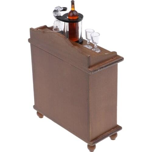 Dollhouse Furnishings Brown Wooden Cabinet with Wine Rack, Bottles and Cups Goblet, 1/12 Realistic Furniture Model Decor