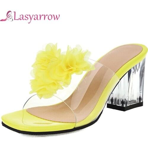Lasyarrow 2021 New Summer Fashion Sandals Thick High Heels Square toe Women Flower Flip-flop Slipper Shoes Woman Black White