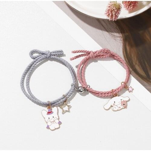 2pcs/pair Cute Cartoon Animal Bracelet For Couples In Love Elastic Hair String Paired Magnet Braslet Best Friend Braclet Gift