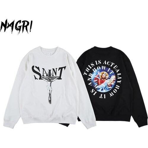 NAGRI Men Hip Hop Graphic Hoodies Streetwear Saint Jesus Painting Pullover Crewneck Sweatshirt Retro Vintage Black White Hoodie