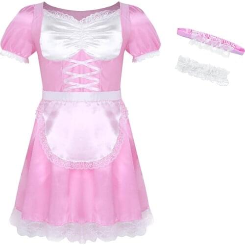 Mens Sissy Crossdress Maid Uniform Sexy Exotic Fancy Dress Costume Outfit Short Sleeve Satin Dress with Choker and Headband