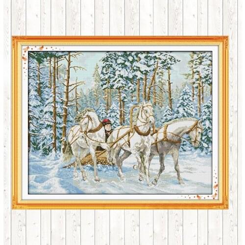 The Cart Go Through The Snow Patterns DIY Counted Printed on Canvas Cross Stitch Kits Embroidery Needlework Kits DIY Hand Decor