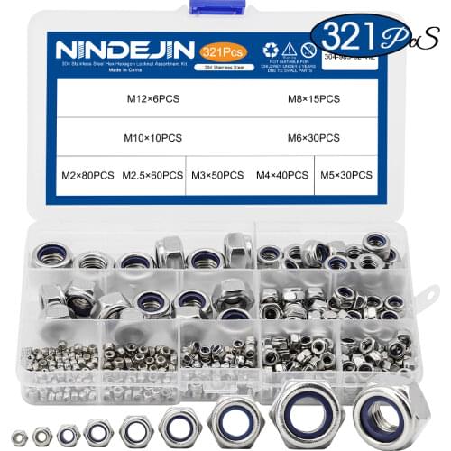NINDEJIN 321pcs Nylon Lock Nut 304 Stainless Steel M2 M2.5 M3 M4 M5 M6 M8 M10 M12 Hex Hexagon Self locking Nut Assortment Kit