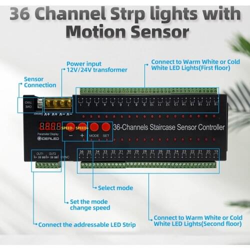 PIR Motion Sensor Light Strip Stair Lights 36 Channel LED Controller Indoor Motion Night light 12V Flexible LED Strip Tape Light