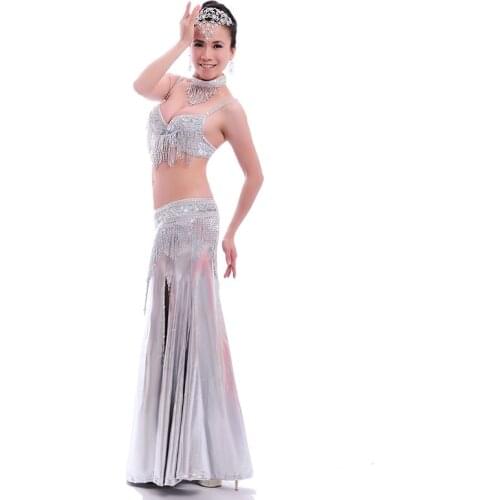 Professional Belly Dance Costume 4pcs Suit Stage Performance Wear Belly Dance Necklace Bra Belt Skirt bellydancing clothes 7010