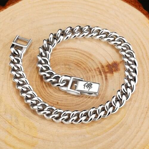 Real 100% 925 Sterling Silver Chain Link Bracelet Buddha Six Words Engrave 6mm Wide Punk Rock Vintage Biker Men Jewelry Gifts