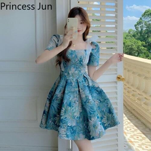 Romantic Painting Print Princess Mini Dress Sweet Girl Puff Sleeve Slim Ball Gown Puffy Dress Summer Holiday Fairy Party Dress