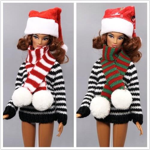 Hat + Scarf / Christmas Hat and Stripe Scarf Outfit For 1/6 BJD Xinyi Barbie FR ST Blythe Doll , Xmas Gift