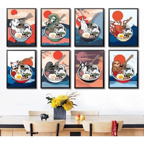 Funny Cartoon Animals Food Poster Print Painting Octopus Cat Llama Dragon In A Ramen Bowl Canvas Ppainting for Kitchen Decor