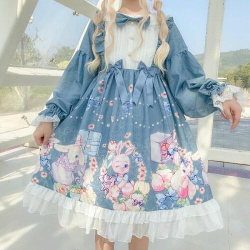Japanese Kawaii Lolita Dress Female Cute Soft Girl Cartoons Rabbit Lolita Dress OP Long-Sleeve Pink Gothic Lolita Daily Dresses