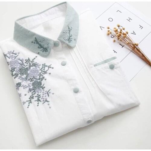 Cotton 100% Embroidery Women White Shirts Summer New 2021 Turn-Down Collar Office Lady All Match Female Outwear Tops