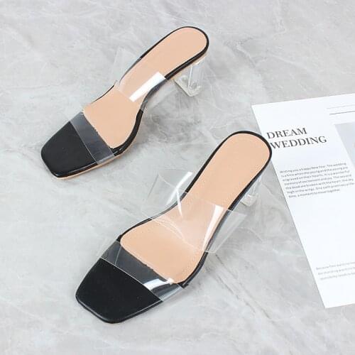 Womens sandals for 2021 summer transparent pvc 6.5cm crystal thick heel squre head open toe high heels new female shoes casual
