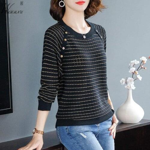 Women Loose Stripes Thin Sweaters Female Plus Size Long Sleeve Tops Spring Button Patchwork Hollow Out O-Neck Knitted Pullovers