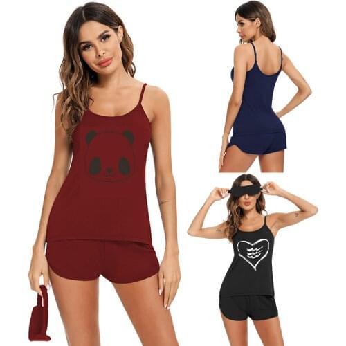 Women Two-piece Nightwear Set, Printed Pattern Boat Neck Sleeveless Tops and Shorts Female Sleepwear, Black/ Navy/ Wine Red