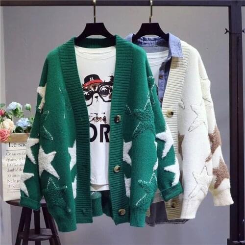 Top womens knitted jacket cardigans 2021 autumn winter new loose and versatile stitching star mid-length sweater cardigan