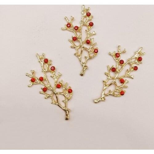 10 PCS 25x52mm Metal Alloy Red Crystal Rhinestone KC Gold Branch For DIY Jewelry Making