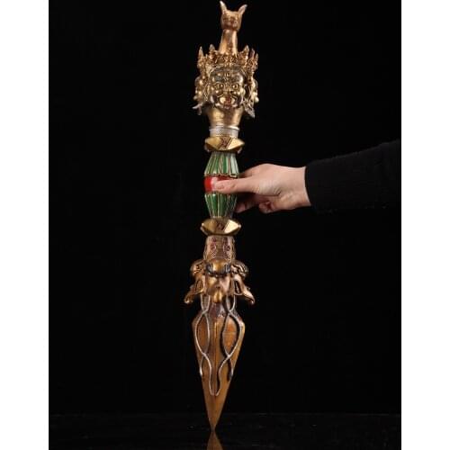 24" Tibet Buddhism Old Bronze Painted Horse Tau Ming King Talisman Three-sided Mahakala Head Statue Dorje Vajra Phurpa