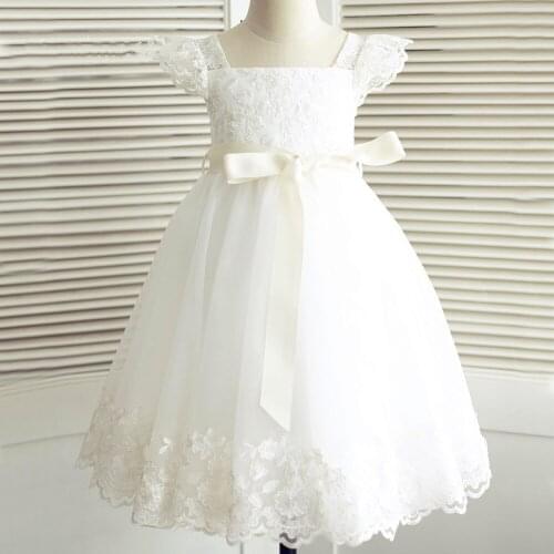 Customized White Flower Girl Dress Puffy Tulle Lace Cap Sleeve Infant Kid Clothes Children Birthday Party Gown Communion Dress
