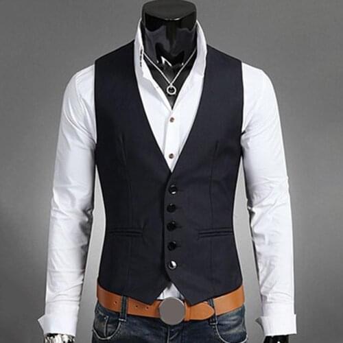 Business Men Solid Color V Neck Button Pocket Sleeveless Slim Vest Waistcoat Formal Business Casual Jacket Vest