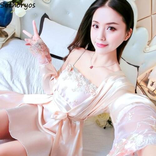 Robe Gowns Sets Long Sleeve Printed Colorful Silk High Quality Robes Thin Sexy Nightdress Sleepwear Womens Korean Style 2pcs New