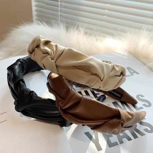 PU Solid Color Leather Headband Hairband Classic Knotted Pure Color Fur Artificial Leather Hair Accessories Headwrap Wholesale