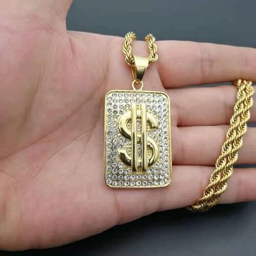 Gold Dollar Sign Shape Pendant Necklace with rhinestone Hip Hop Jewelry For Men Boy Birthday Party Gift Wedding Male Accessories