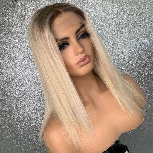 Transparent Lace Wig Human Hair Ombre Blonde Straight Lace Front Wigs 13*4 Lace Ash Blond Wig With Brown Roots