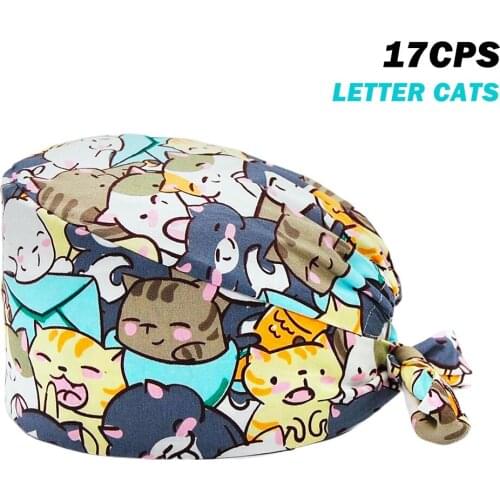 Letter Cats Printing Scrubs Hats 100% Cotton Operating Room Worker Adjustable Working Nursing Hat Beauty Salon Fashion Scrub Cap