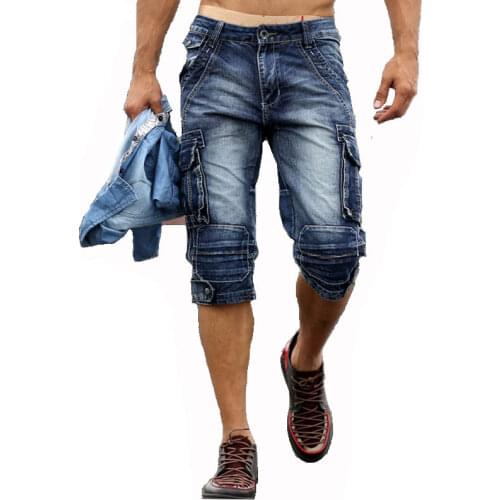 Mcikkny Retro Mens Cargo Denim Shorts Washed Fashion Slim Fit Military Short Jeans For Male Multi Pockets
