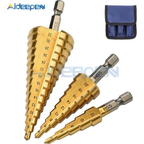 3pcs HSS Titanium Drill Bit 4-12 4-20 4-32 Drilling Power Tools Metal High Speed Steel Wood Hole Cutter Cone Drill with Bag