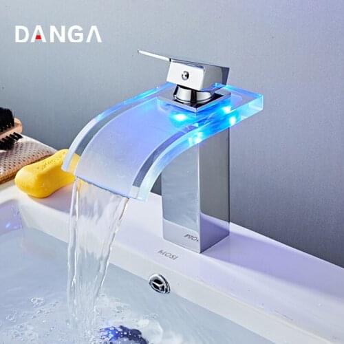 LED Basin Faucets Bathroom Faucet Hot and Cold Waterfall Faucet Wash Sink Taps 3colors Change Led Tap Brass Mixing Faucet